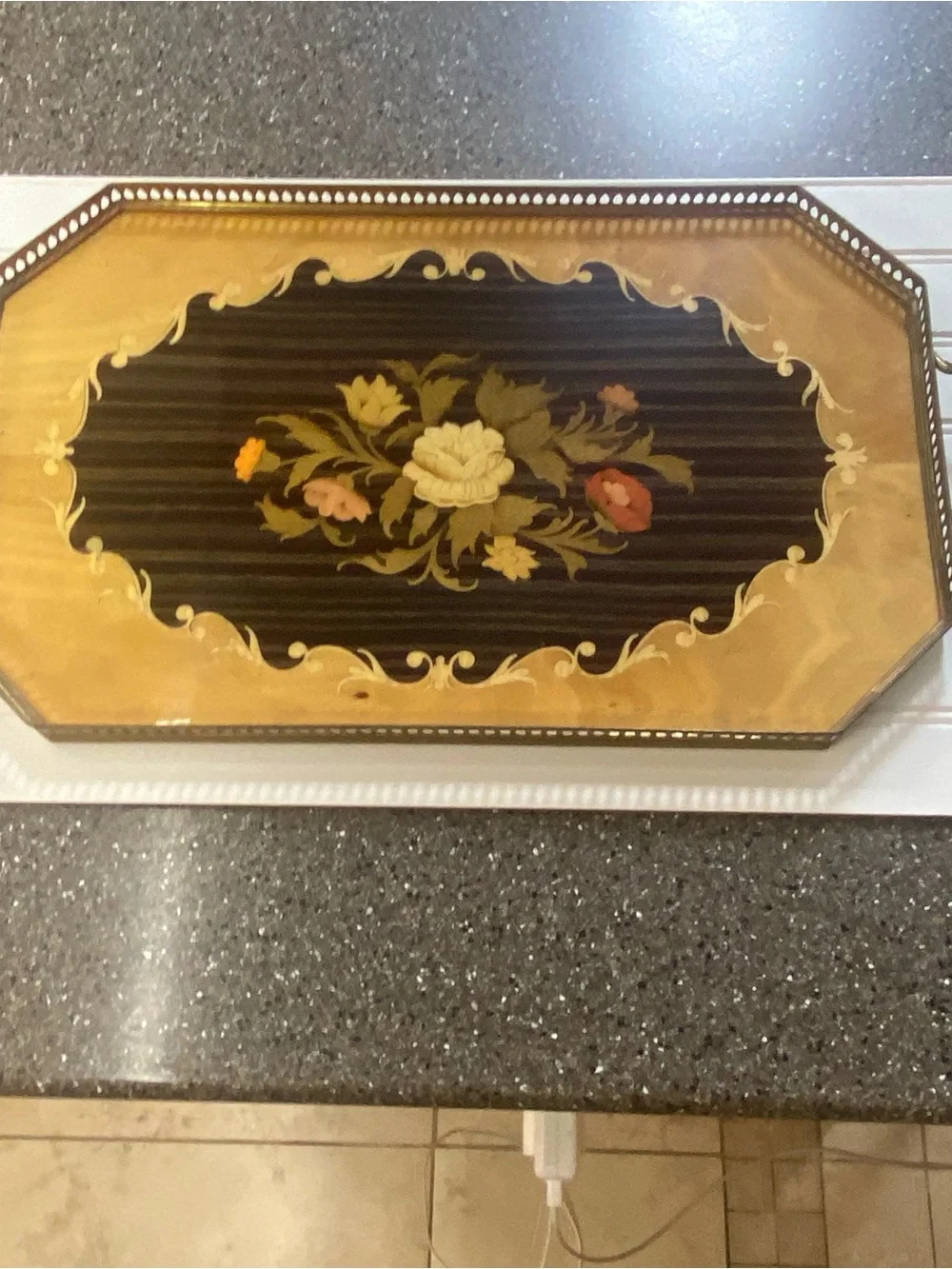 Vintage Floral Decorative Home Tray in Black and Gold Italy